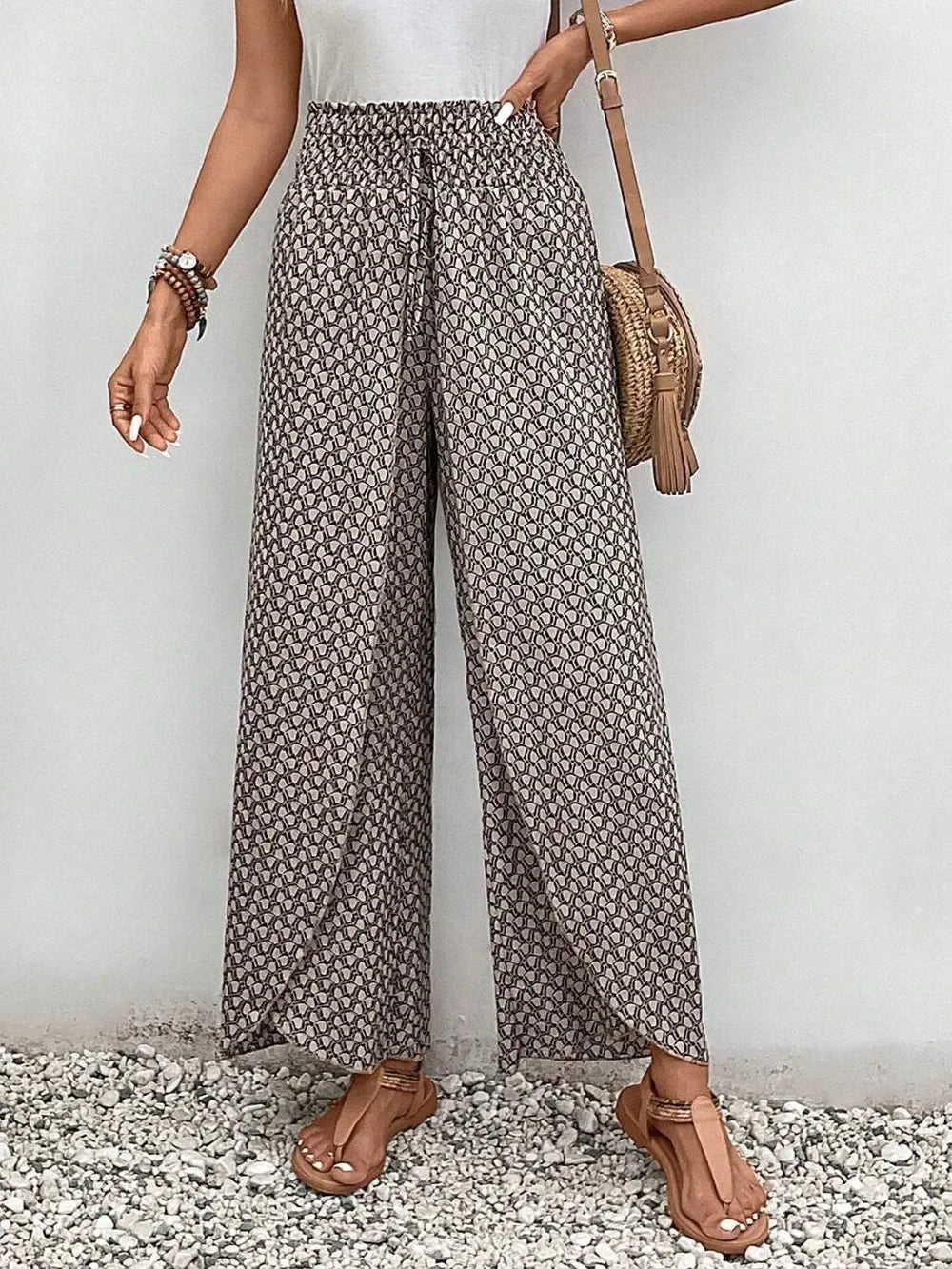 Floral Print Tie-Waist Wide Leg Pants With Front Slit Detail - Southern Shores Clothing