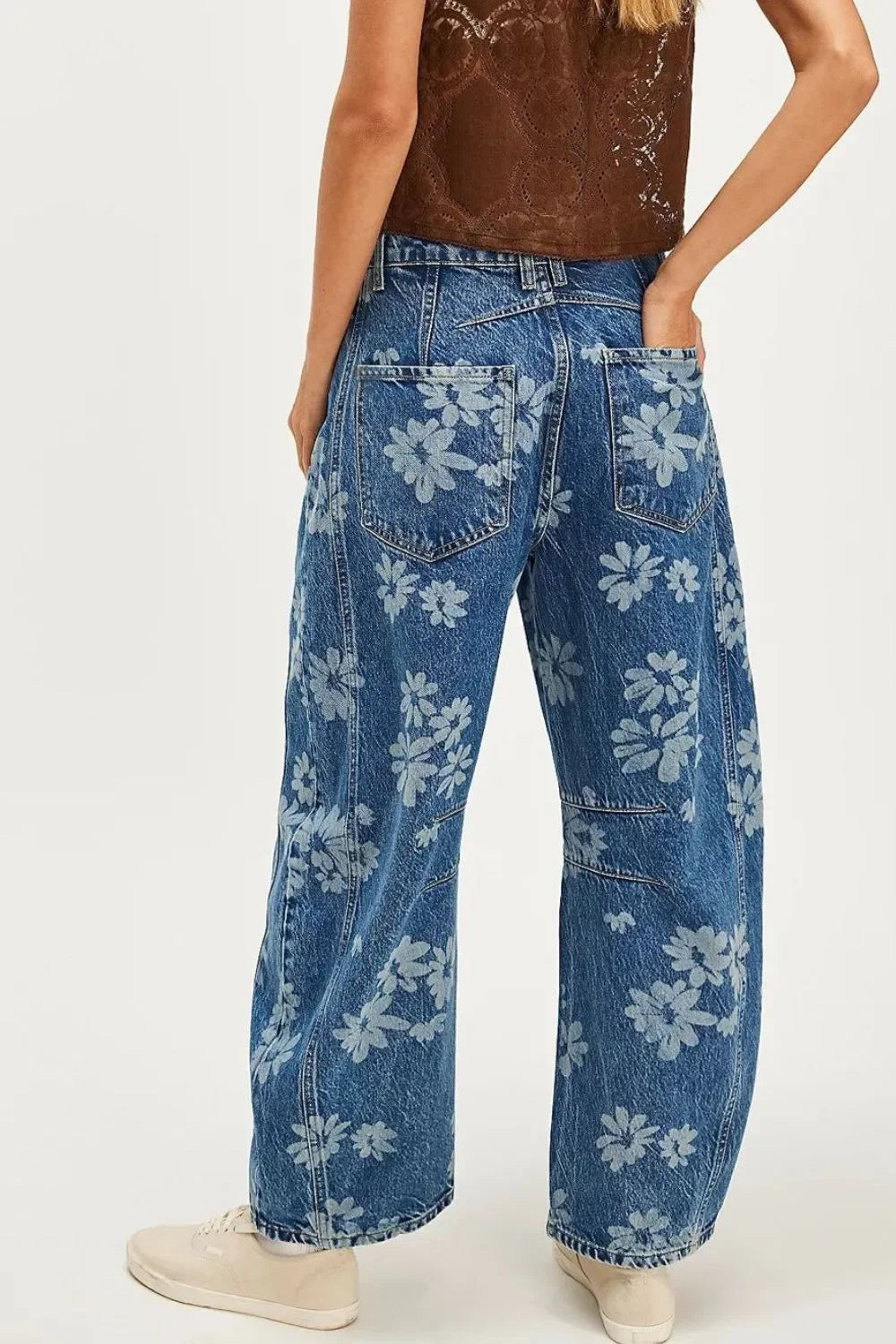 Denim Wide Leg Jeans With Ocean Flower Print - Southern Shores Clothing
