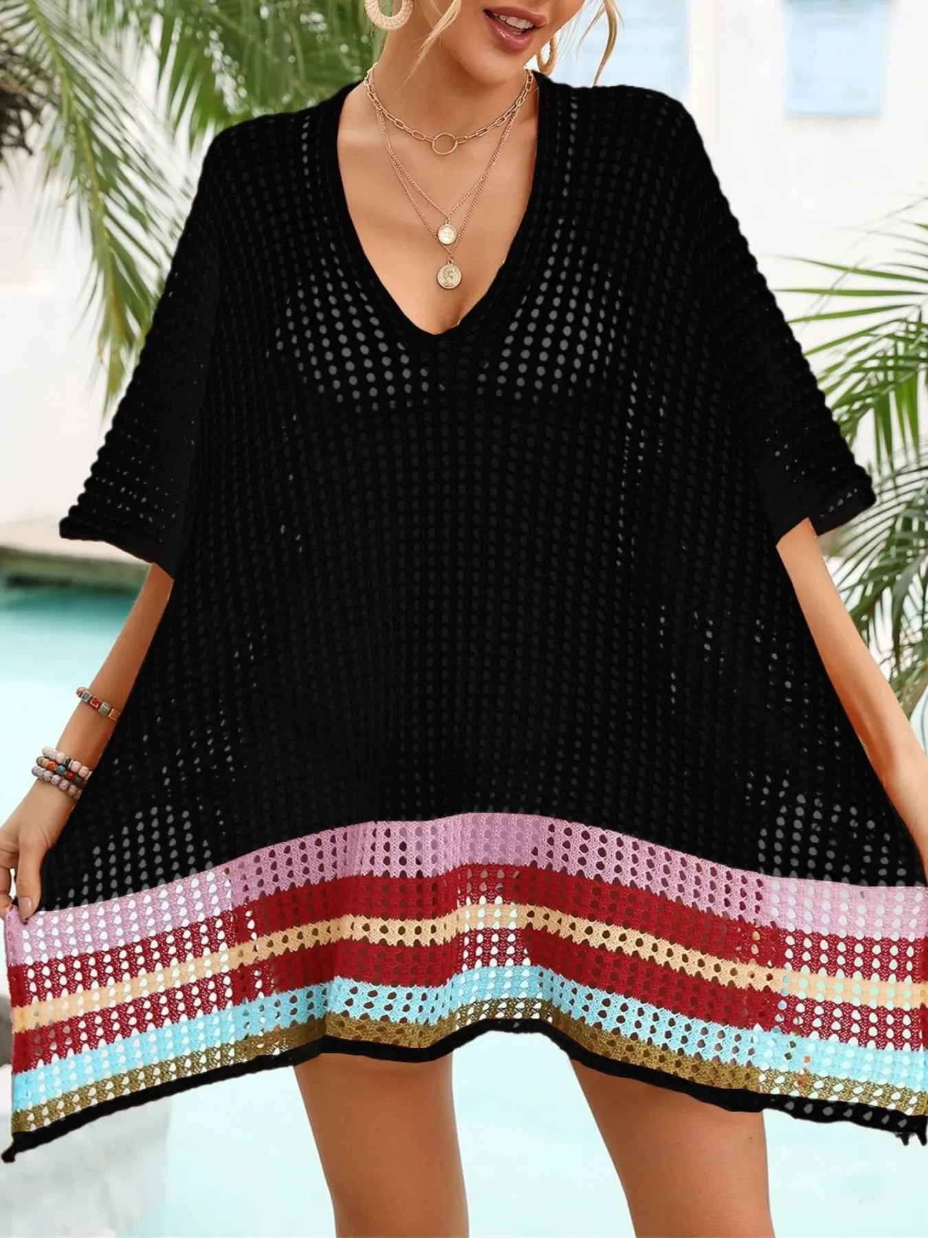 Crochet V-Neck Slit Cover-Up Dress One Size - Southern Shores Clothing
