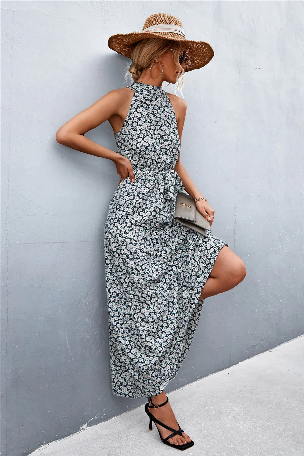 Printed Sleeveless Tie Waist Maxi Dress Polka Dot - Southern Shores Clothing