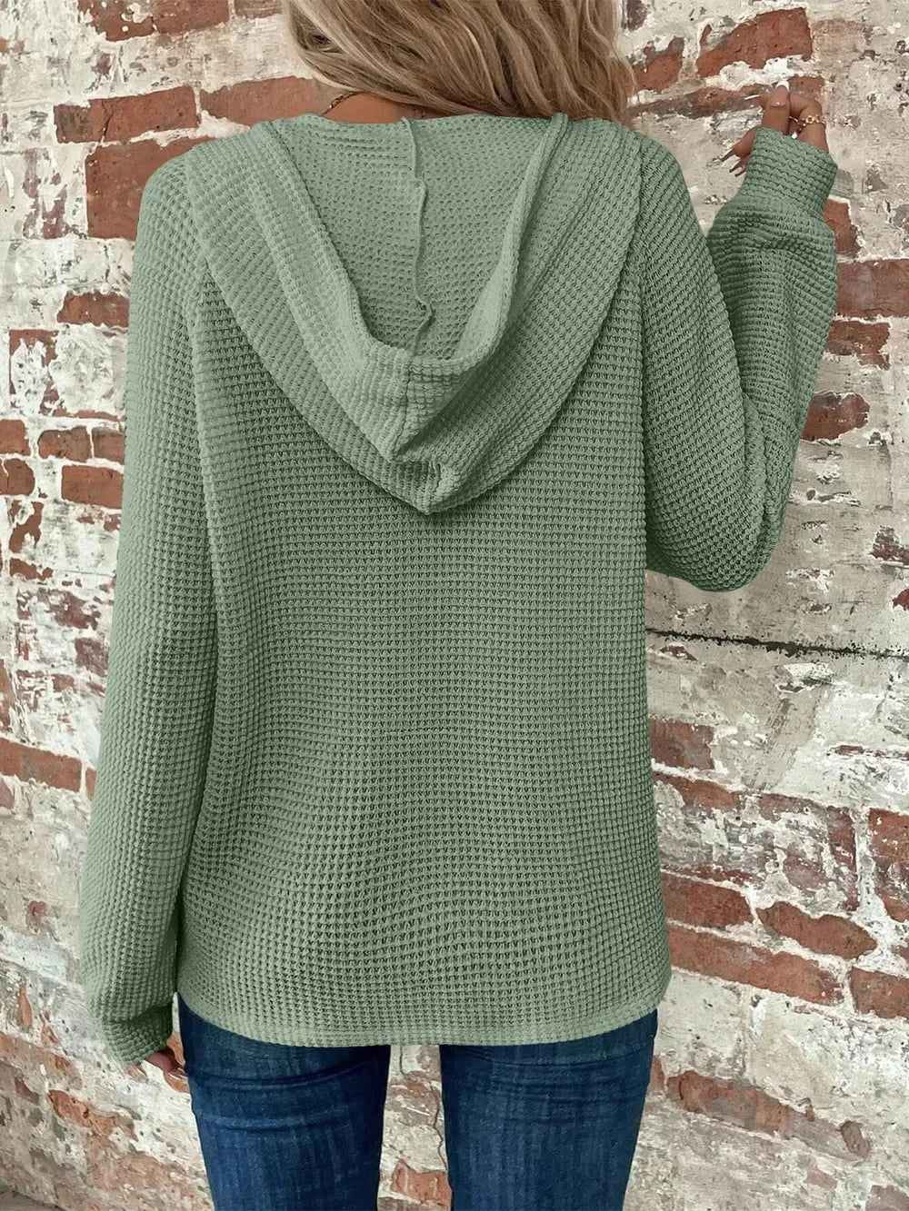 Waffle Knit Long Sleeve Drawstring Hooded Top - Southern Shores Clothing