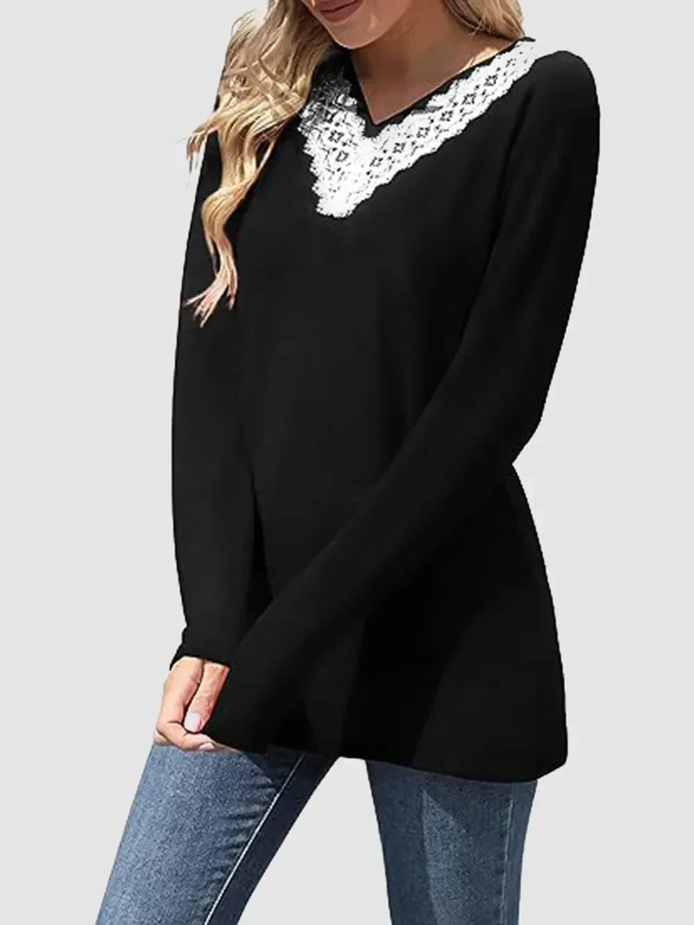 Lace Detail V-Neck Long Sleeve T-Shirt With Soft Stretch - Southern Shores Clothing