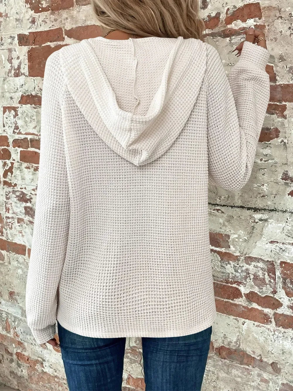 Waffle Knit Long Sleeve Drawstring Hooded Top - Southern Shores Clothing