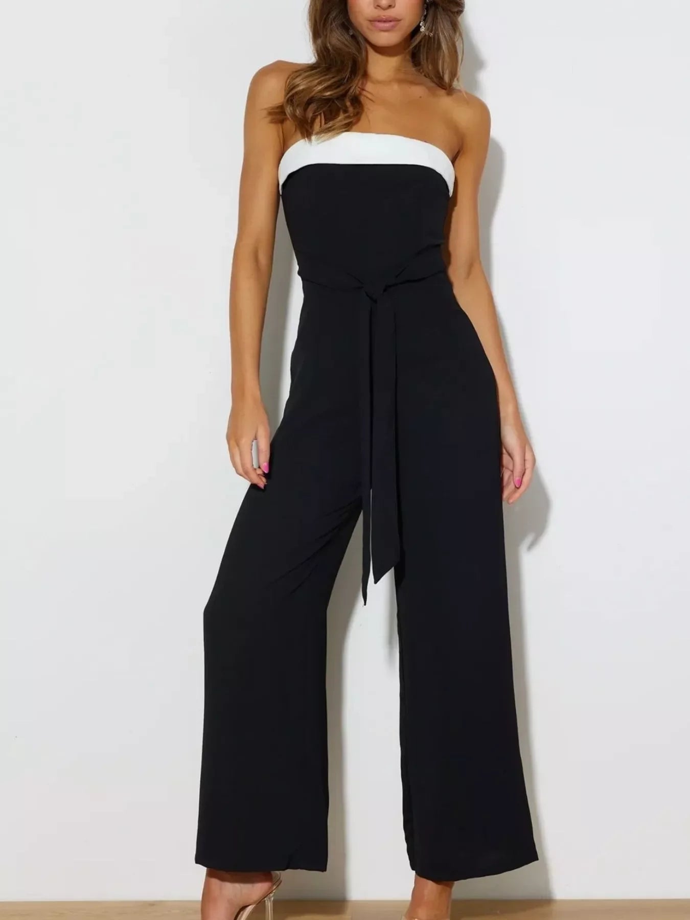 Contrast Tube Wide Leg Jumpsuit With Tie Zipper - Southern Shores Clothing