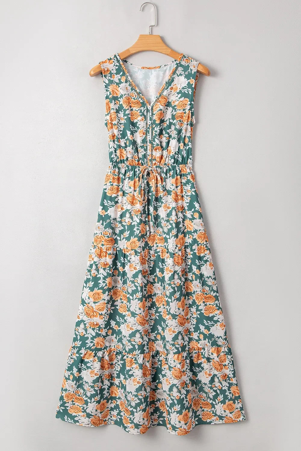 Floral Print Sleeveless V-Neck Dress With Tie Waist Tiered - Southern Shores Clothing