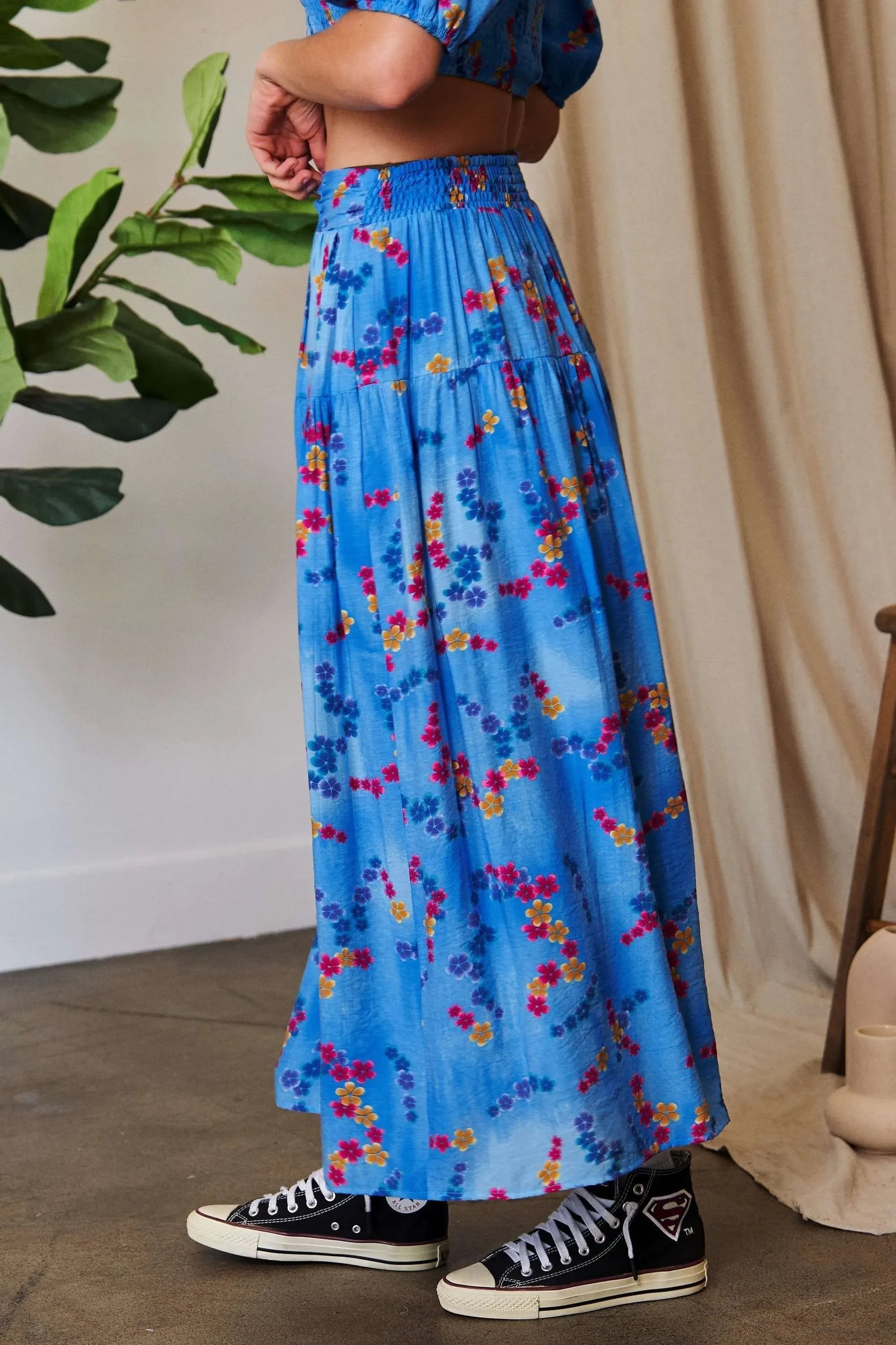 Printed Ruffled Smocking Waistband Maxi Skirt - Southern Shores Clothing