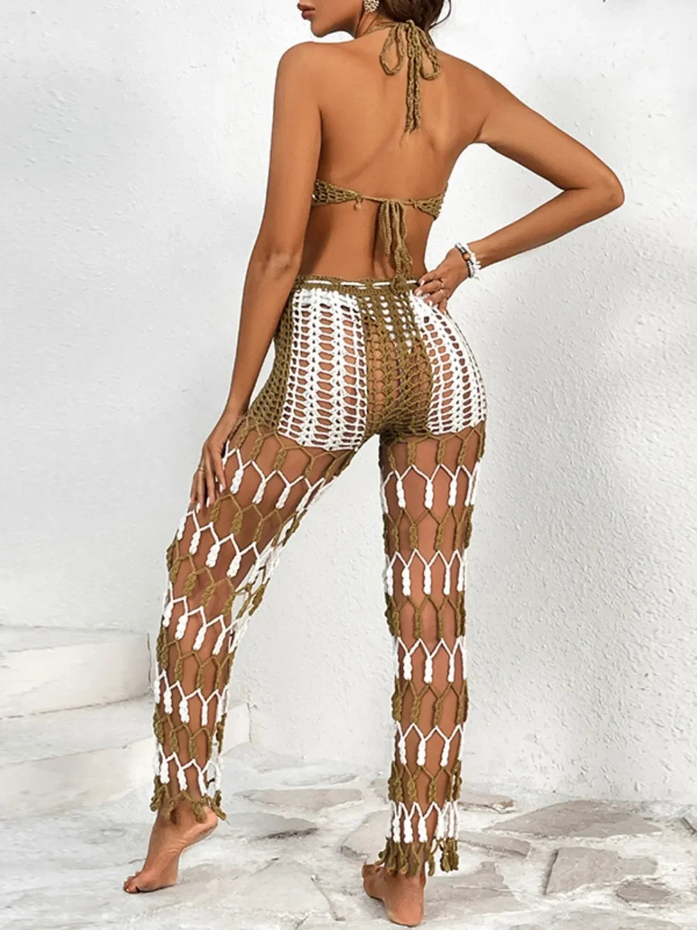 Cutout Crochet Halter Top And Netted Pants Two-Piece Swim Set - Southern Shores Clothing