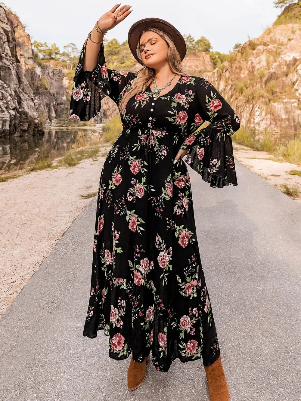Plus Size Floral Flare Sleeve Dress - Southern Shores Clothing
