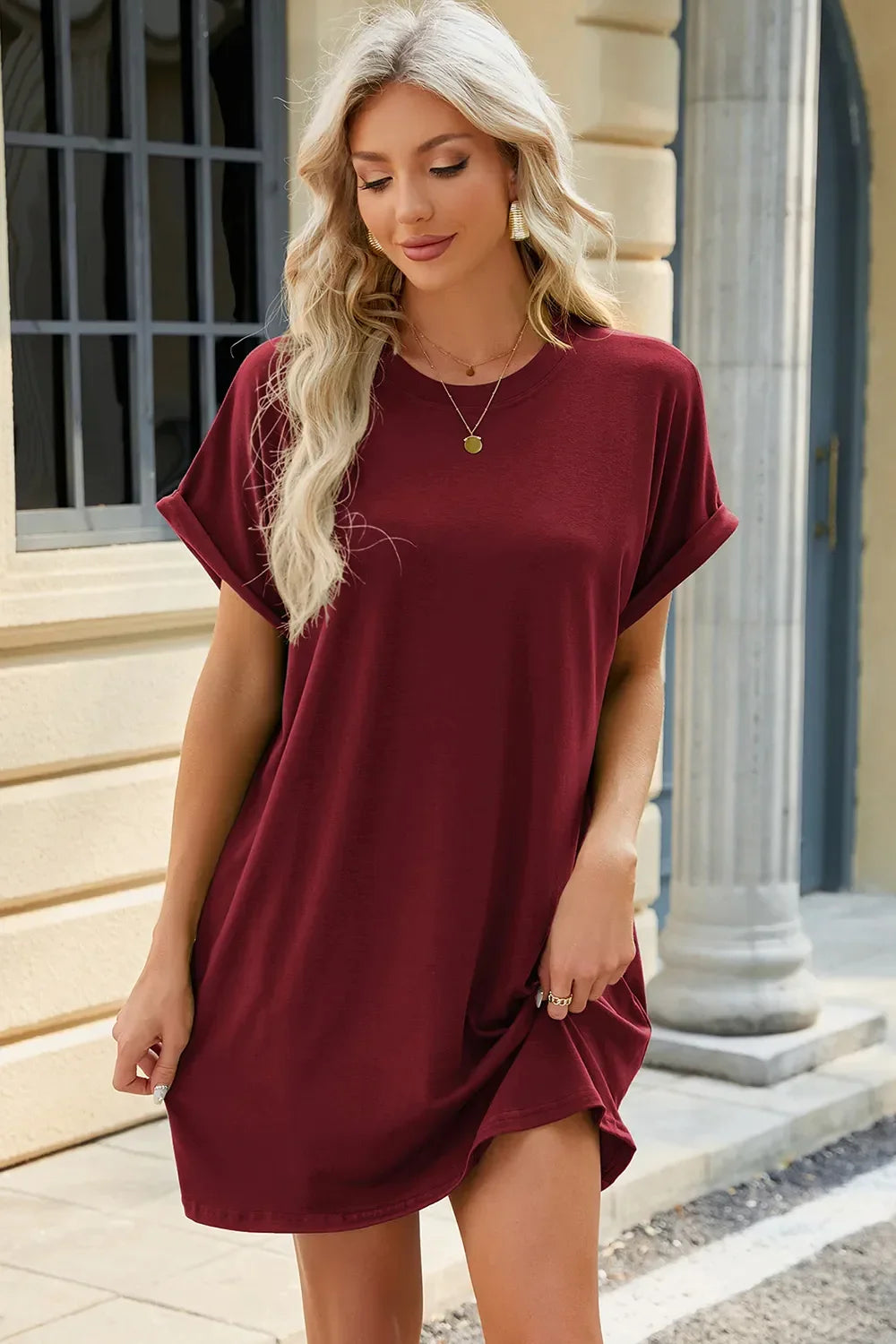 Round Neck Rolled Short Sleeve Tee Dress - Southern Shores Clothing