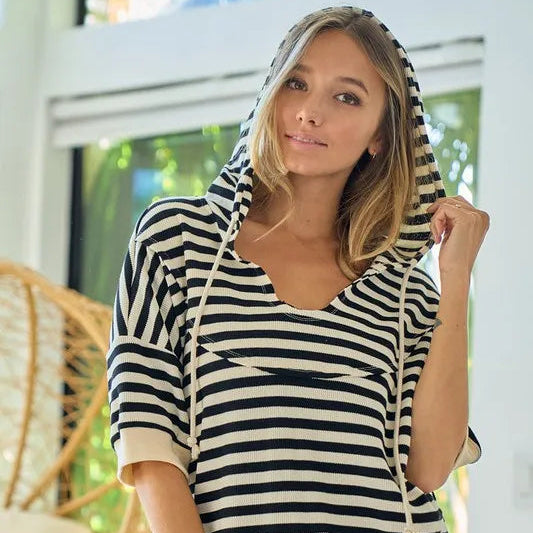 BiBi Stripe Fleece Notch Neck Short Sleeve Hoodie