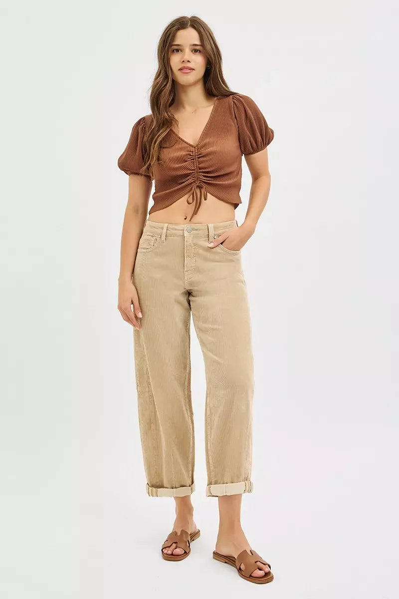 High Rise Crop Corduroy Pants With Barrel Cut - Southern Shores Clothing
