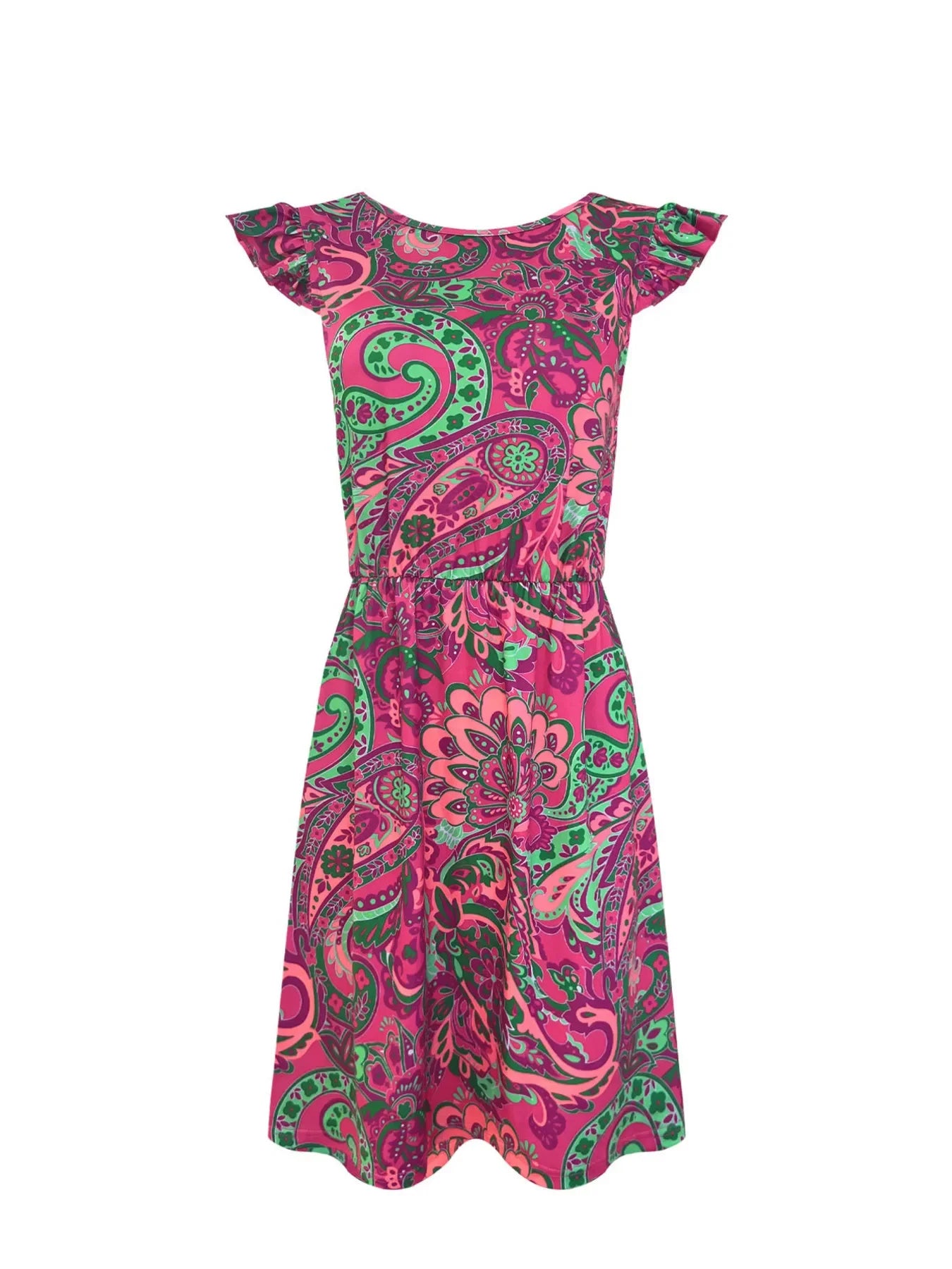 Paisley Print Ruffle Sleeve Belted Mini Dress Silhouette - Southern Shores Clothing