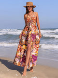 Slit Printed Halter Neck Cami Dress With Tie Front Allover - Southern Shores Clothing