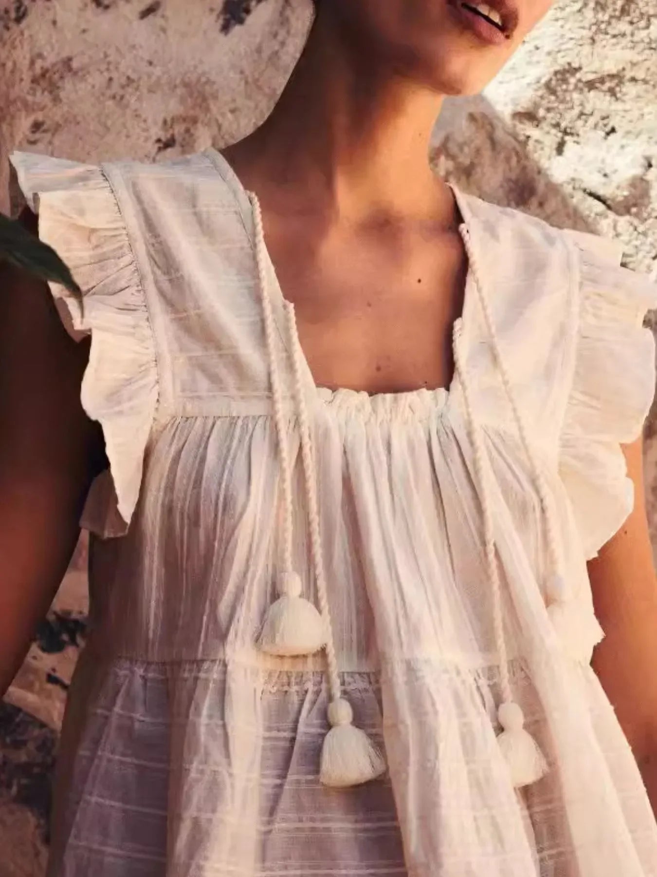 Casual Striped Tassel Ruffle Blouse Polyester - Southern Shores Clothing