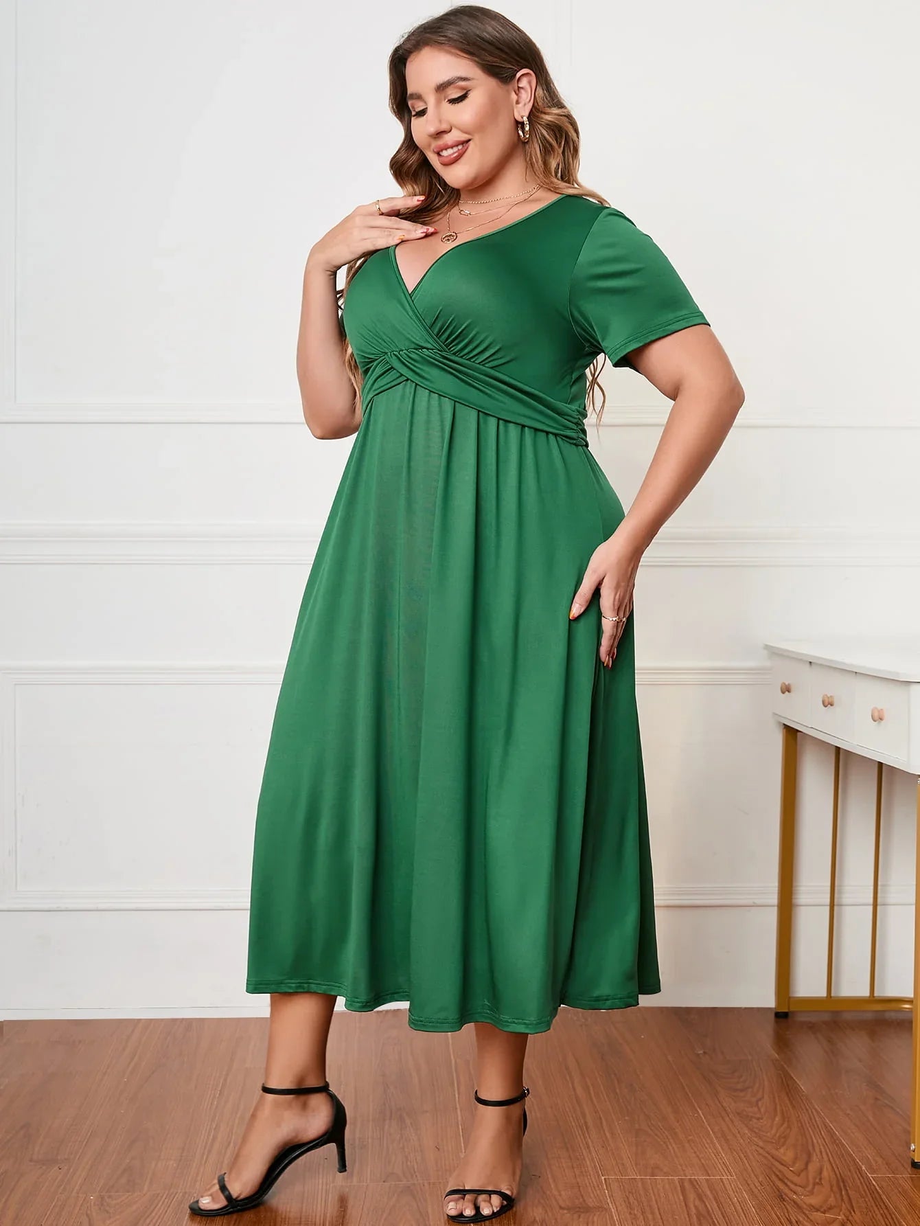 Plus Size Short Sleeve Surplice Neck Midi Dress - Southern Shores Clothing