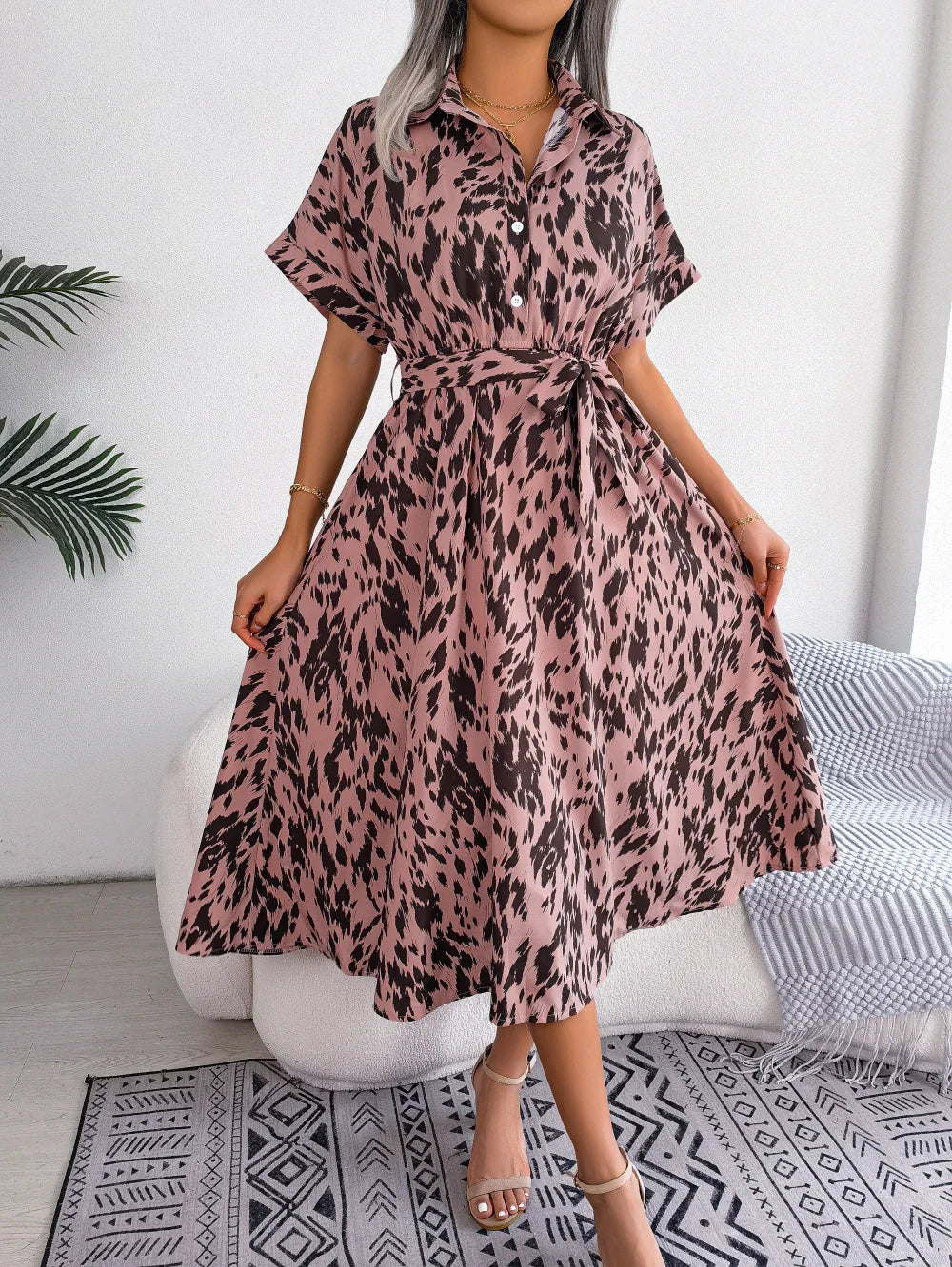 Printed Collared Neck Short Sleeve Tie Waist Dress - Southern Shores Clothing