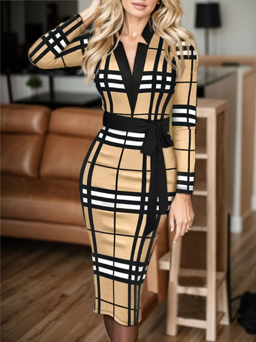 Plus Size Plaid V-Neck Long Sleeve Wrap Dress - Southern Shores Clothing