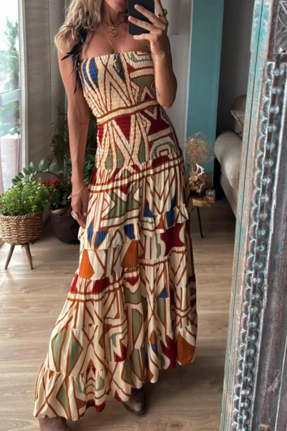 Smocked Printed Tube Dress With Geometric Abstract Print - Southern Shores Clothing