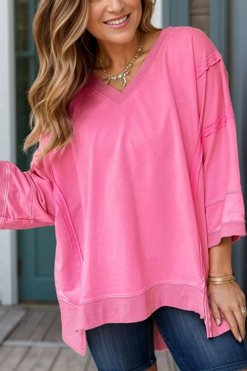 Southern Shores Clothing Exposed Seam V-Neck High-Low Polyester Blend Blouse For Modern Everyday Style - Southern Shores Clothing
