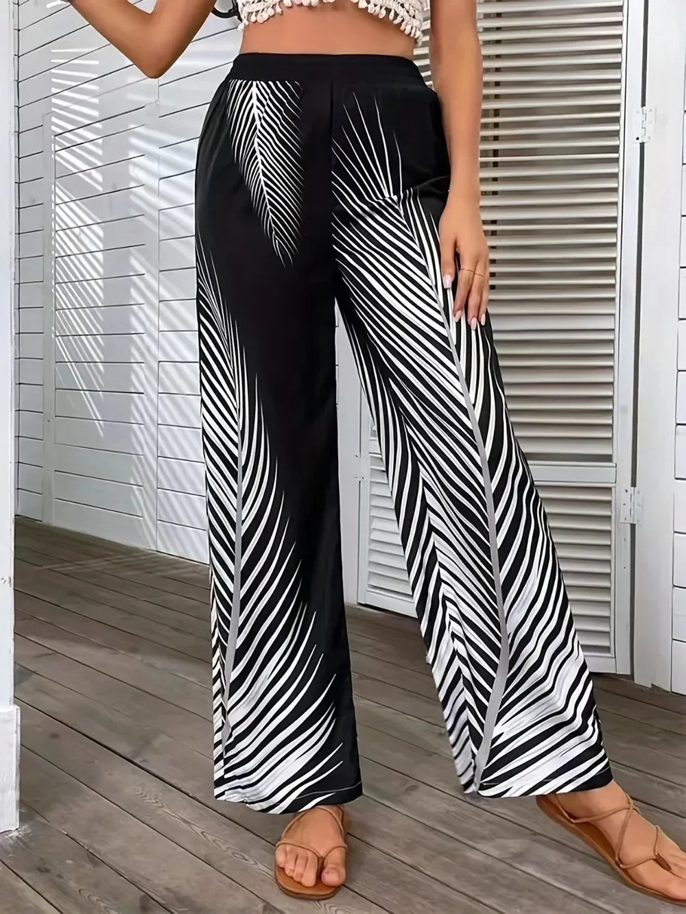 Printed Wide Leg Pants With Stretch Fabric Coastal Style - Southern Shores Clothing