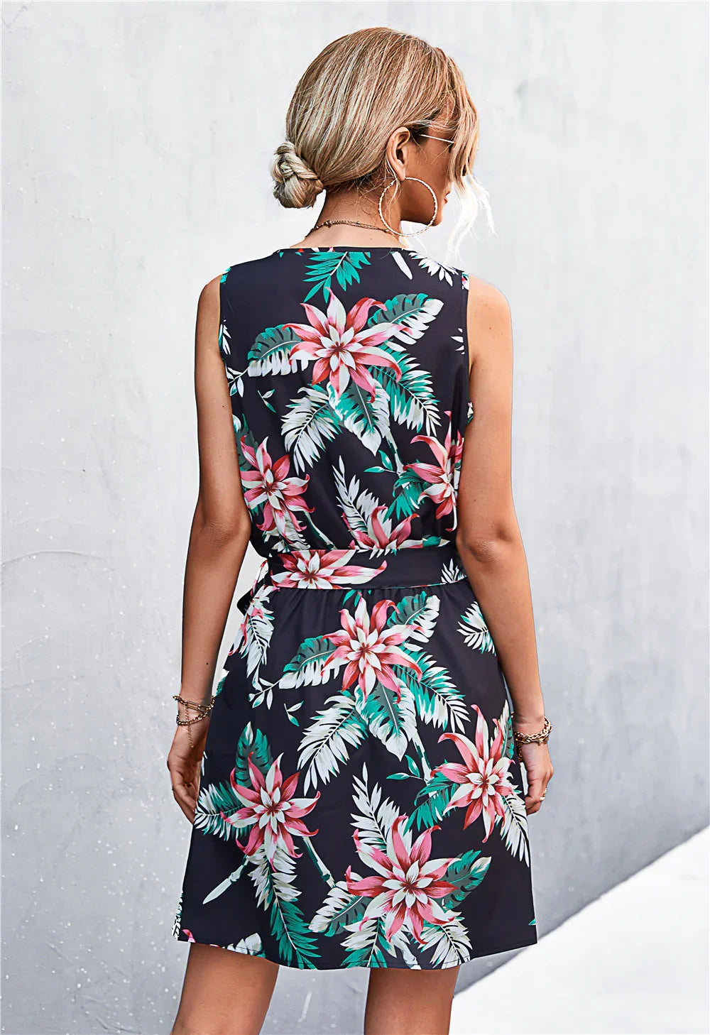 Printed Zip Detail Belted Sleeveless Dress - Southern Shores Clothing