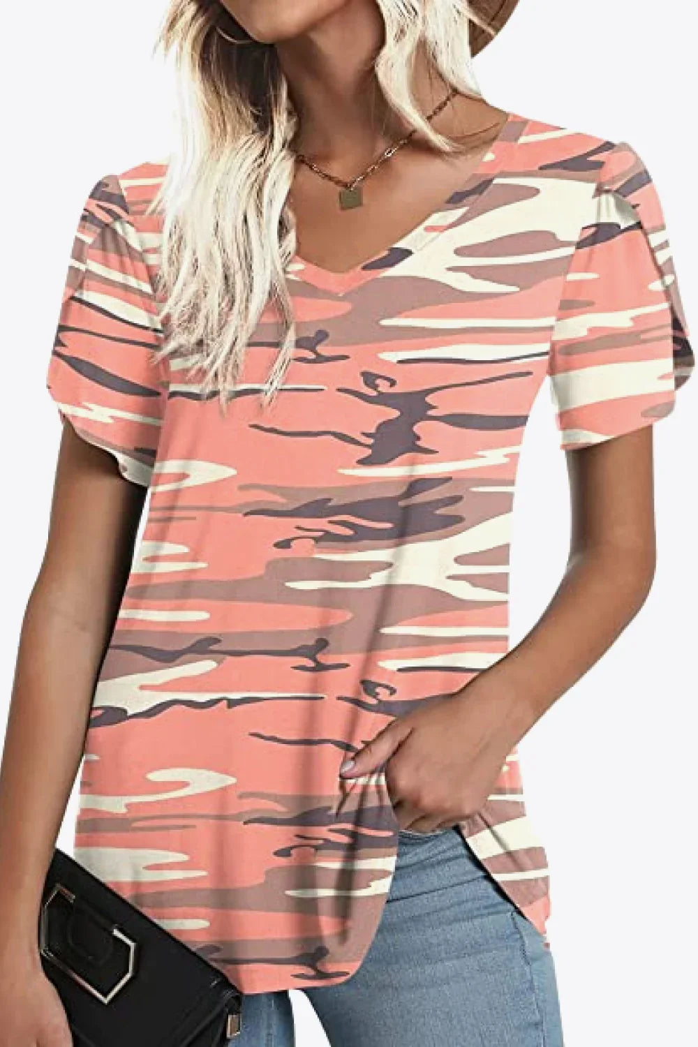 Casual Floral V Neck Blouse With Petal Sleeves - Southern Shores Clothing
