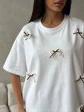 Bow Round Neck Oversized T Shirt With Lace Polyester - Southern Shores Clothing