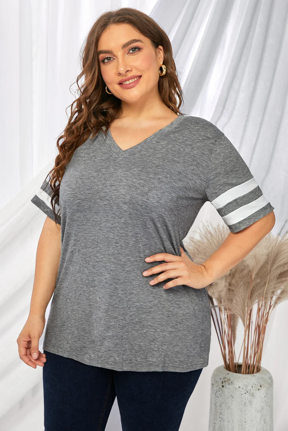 Plus Size Striped V-Neck Short Sleeve T-Shirt - Southern Shores Clothing