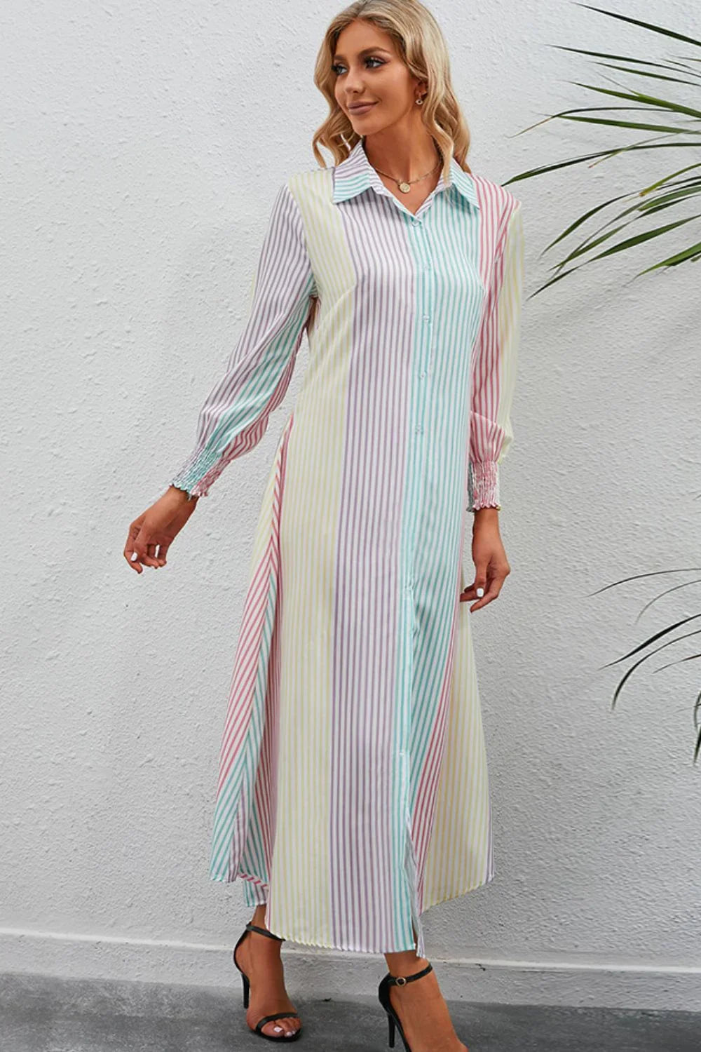 Stripe Button Up Maxi Shirt Dress With Relaxed Silhouette - Southern Shores Clothing