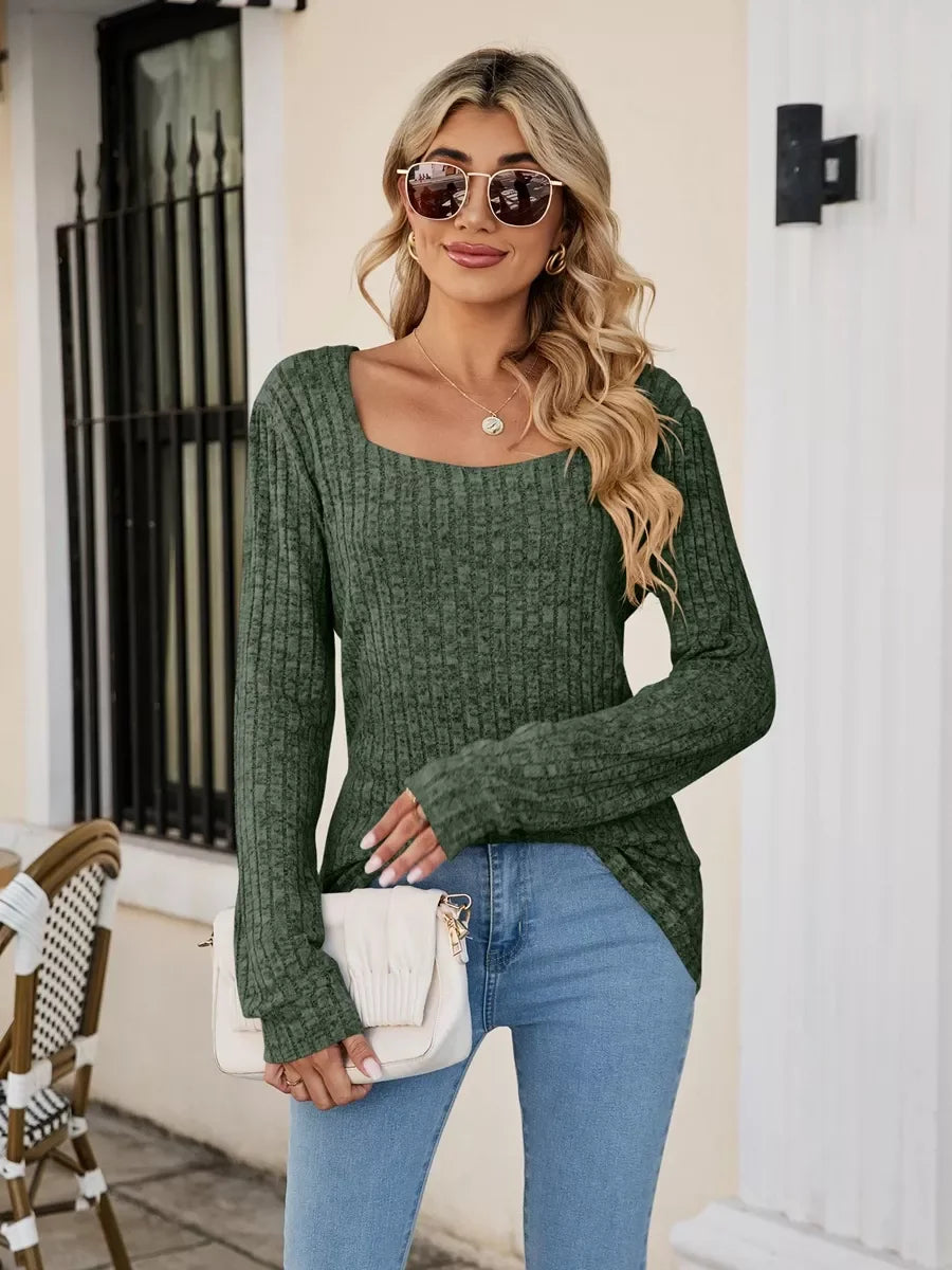 Ribbed Square Neck Long Sleeve Stretch T Shirt - Southern Shores Clothing