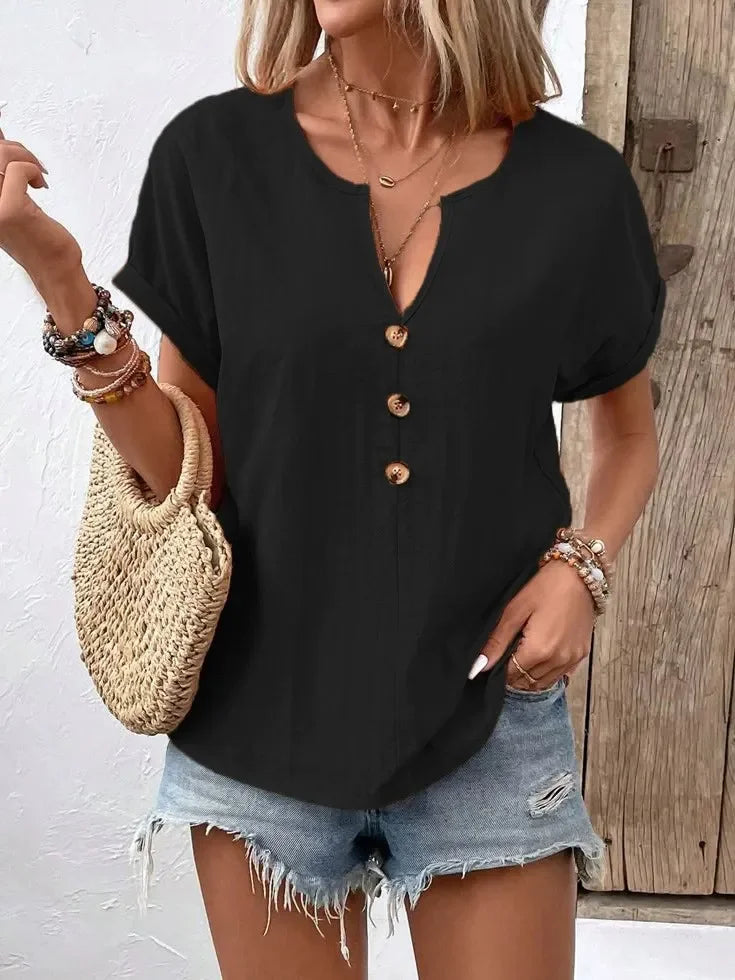 Plus Size Notched Short Sleeve T Shirt With Button Front - Southern Shores Clothing