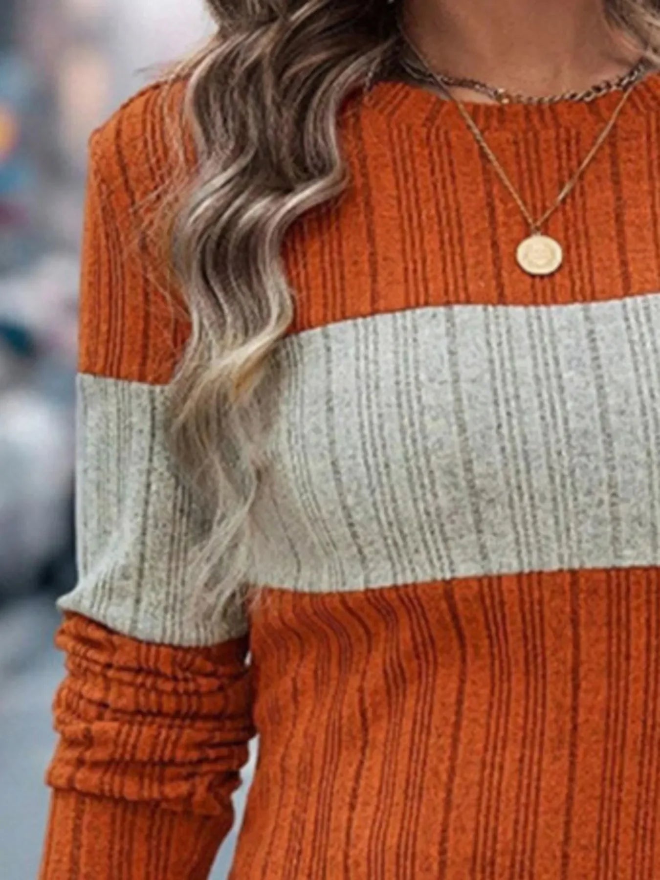 Block Pattern Round Neck Long Sleeve Sweater - Southern Shores Clothing