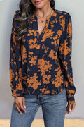 Printed Notched Long Sleeve Polyester Blouse - Southern Shores Clothing