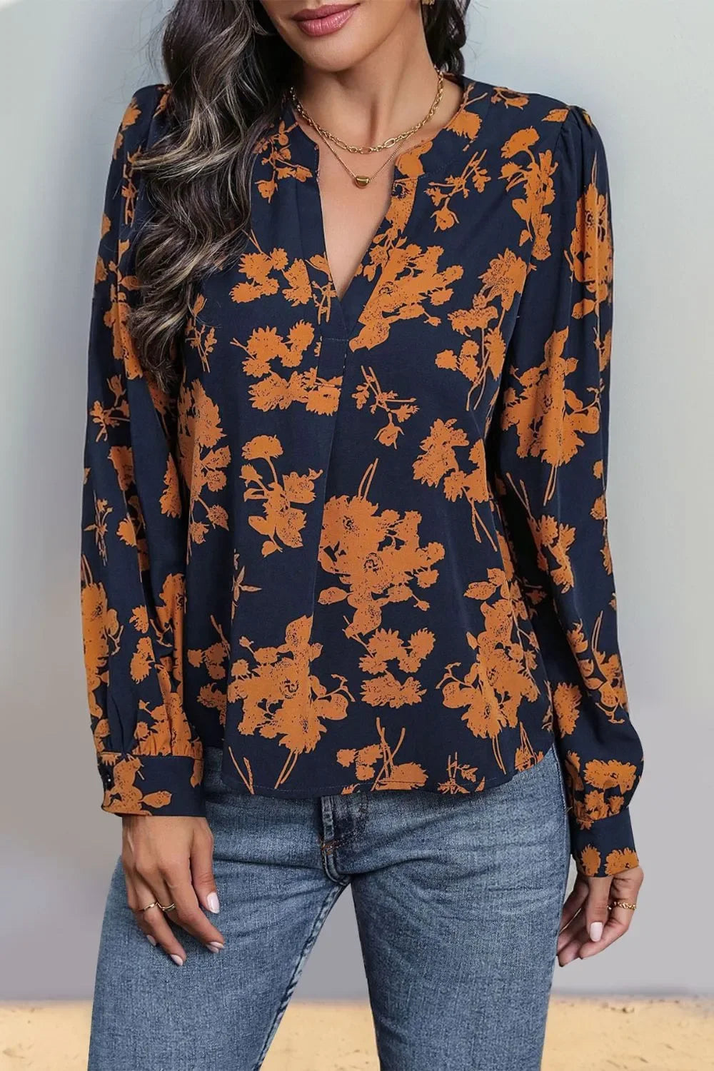 Printed Notched Long Sleeve Polyester Blouse - Southern Shores Clothing