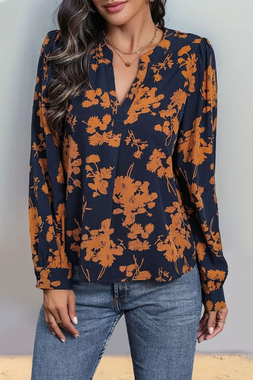 Printed Notched Long Sleeve Polyester Blouse - Southern Shores Clothing