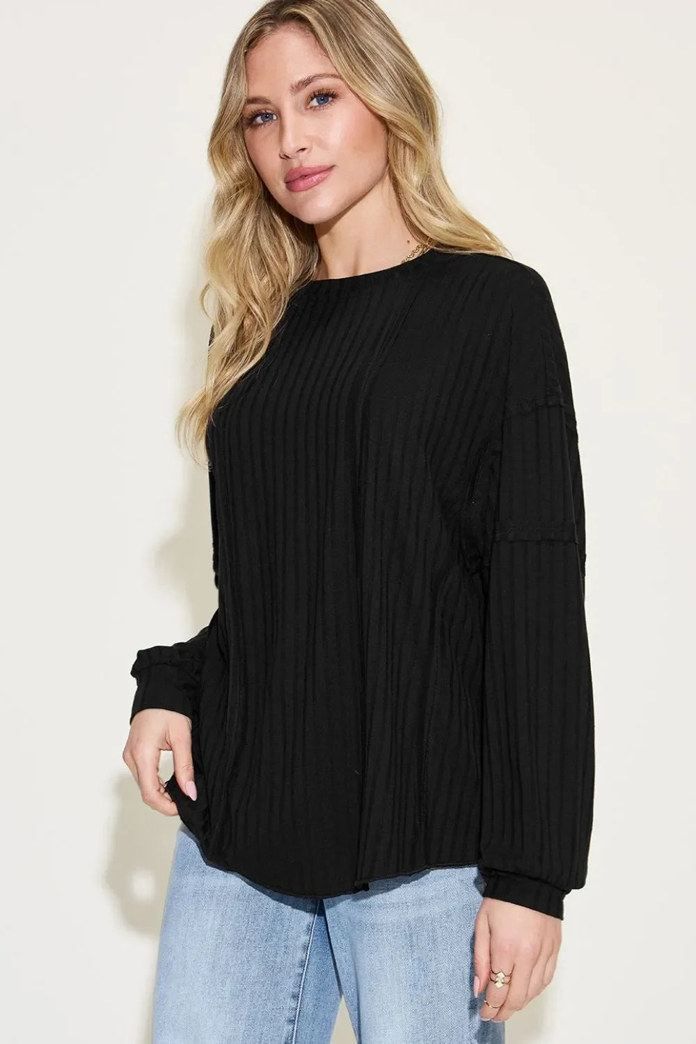Ribbed Round Neck Long Sleeve T Shirt Basics - Southern Shores Clothing