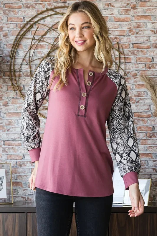 Snakeskin Print Raglan Sleeve Half Button Top - Southern Shores Clothing