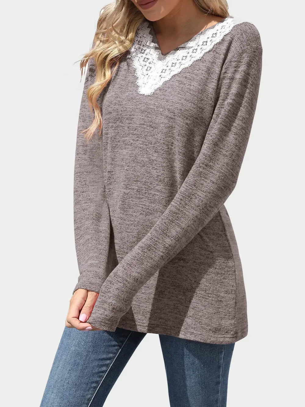 Lace Detail V-Neck Long Sleeve T-Shirt With Soft Stretch - Southern Shores Clothing