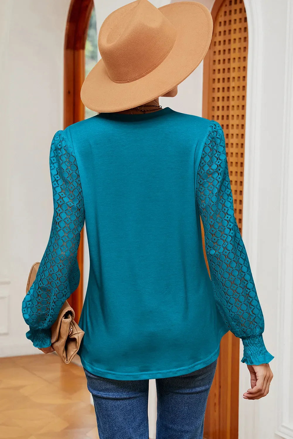 Openwork V-Neck Long Sleeve Sheer T-Shirt - Southern Shores Clothing