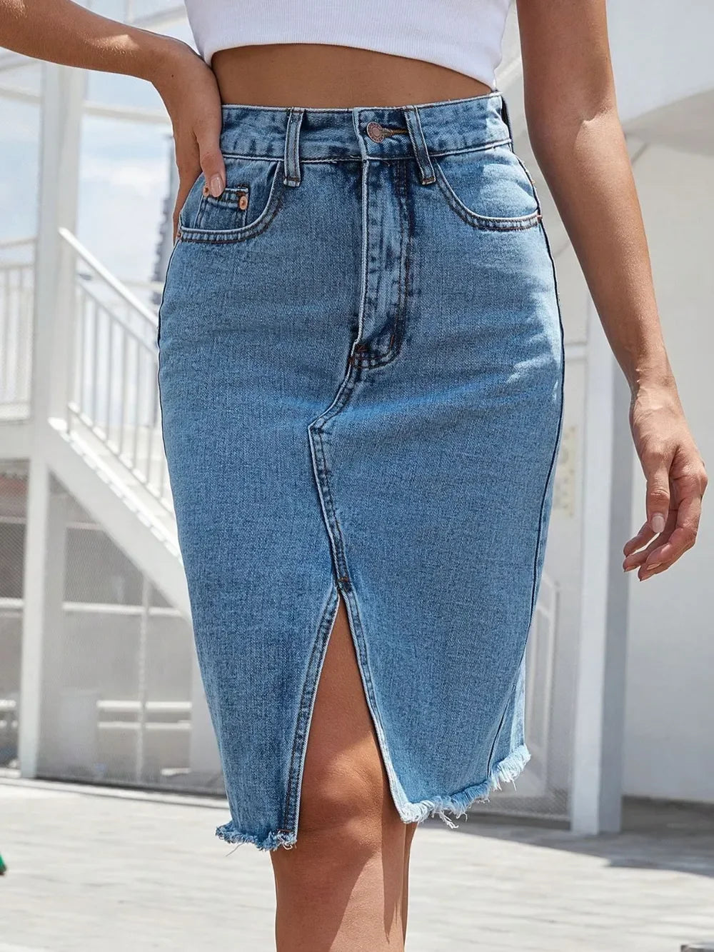 Stretchy Denim Slit Skirt With Raw Hem Detailing - Southern Shores Clothing