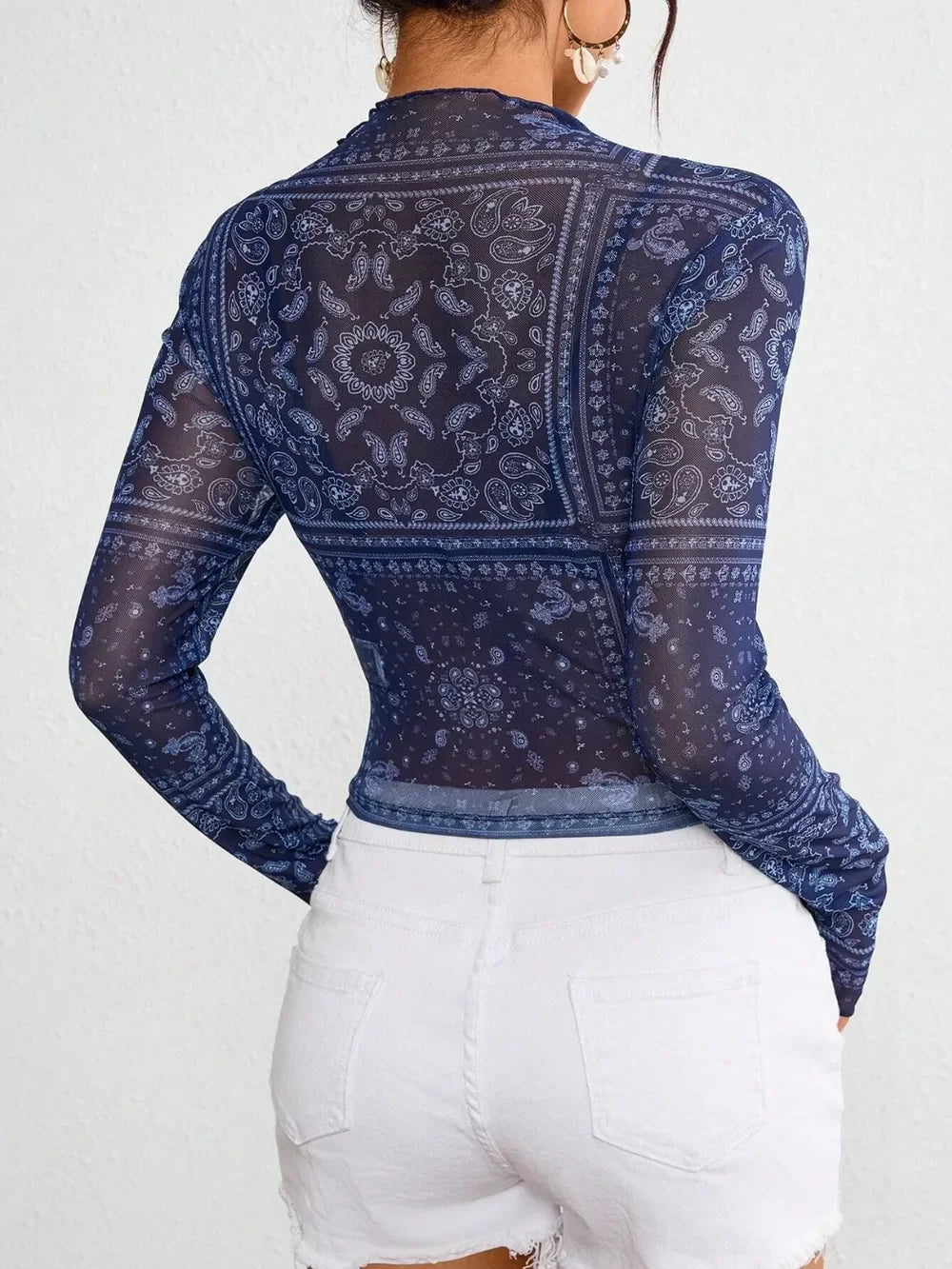 Paisley Mock Neck Long Sleeve Sheer Top With Stretch Fit - Southern Shores Clothing