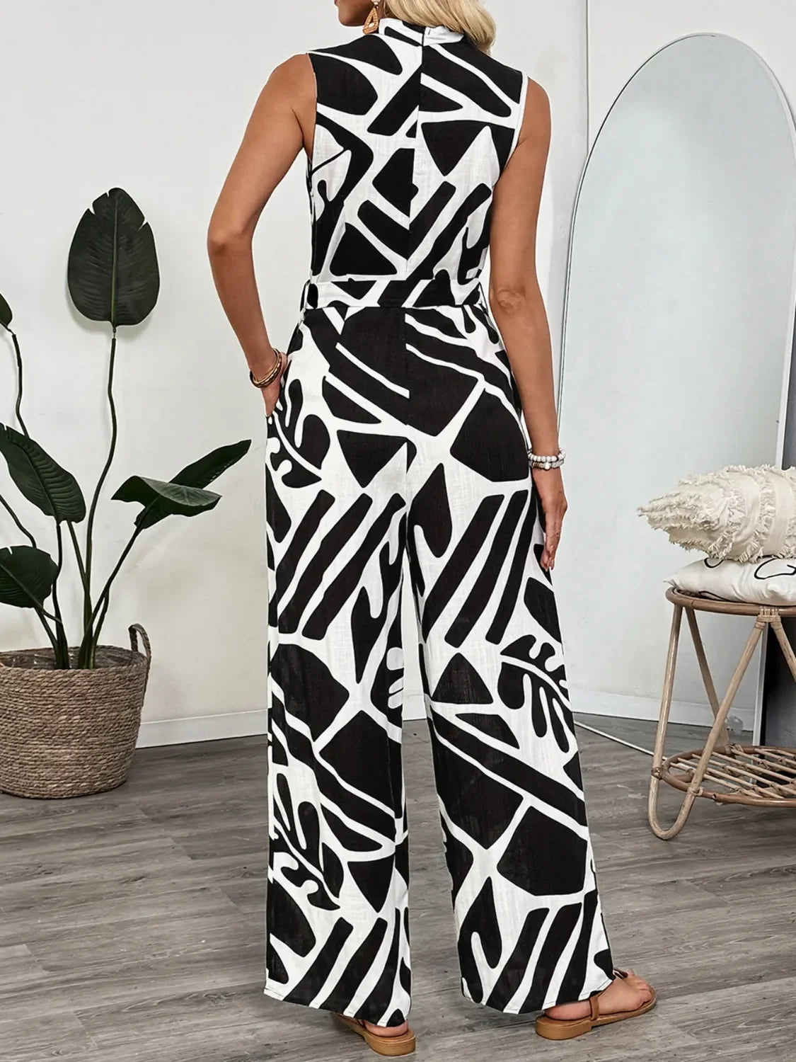 Printed Sleeveless Wide Leg Jumpsuit With Zipper Pockets - Southern Shores Clothing