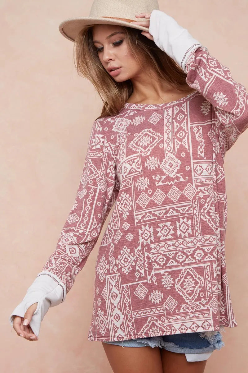 BiBi Aztec Print French Terry Top with Thumb Opening