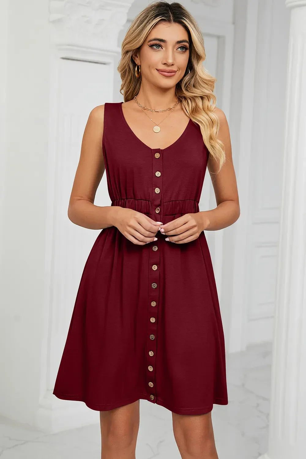 Buttoned Wide Strap Mini Dress - Southern Shores Clothing