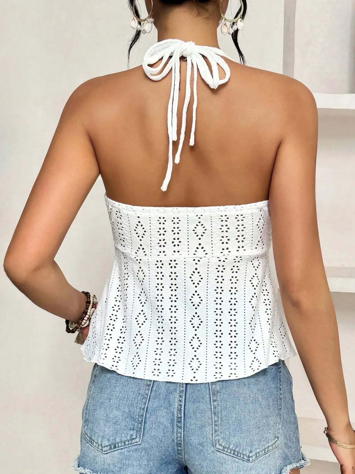 Tied Eyelet Halter Neck Cami Top Polyester - Southern Shores Clothing