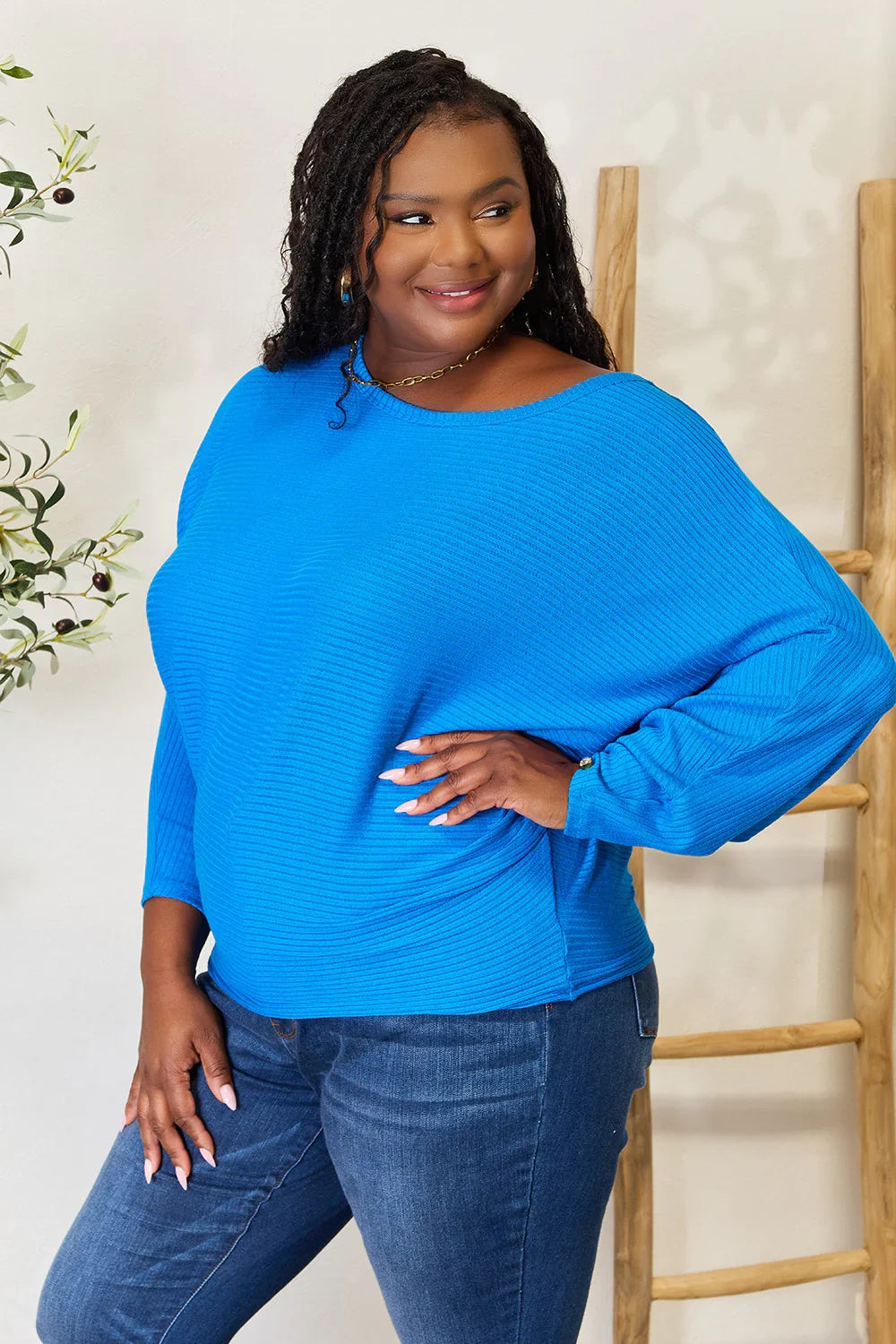 Round Neck Batwing Sleeve Stretch Blouse With Relaxed Fit - Southern Shores Clothing