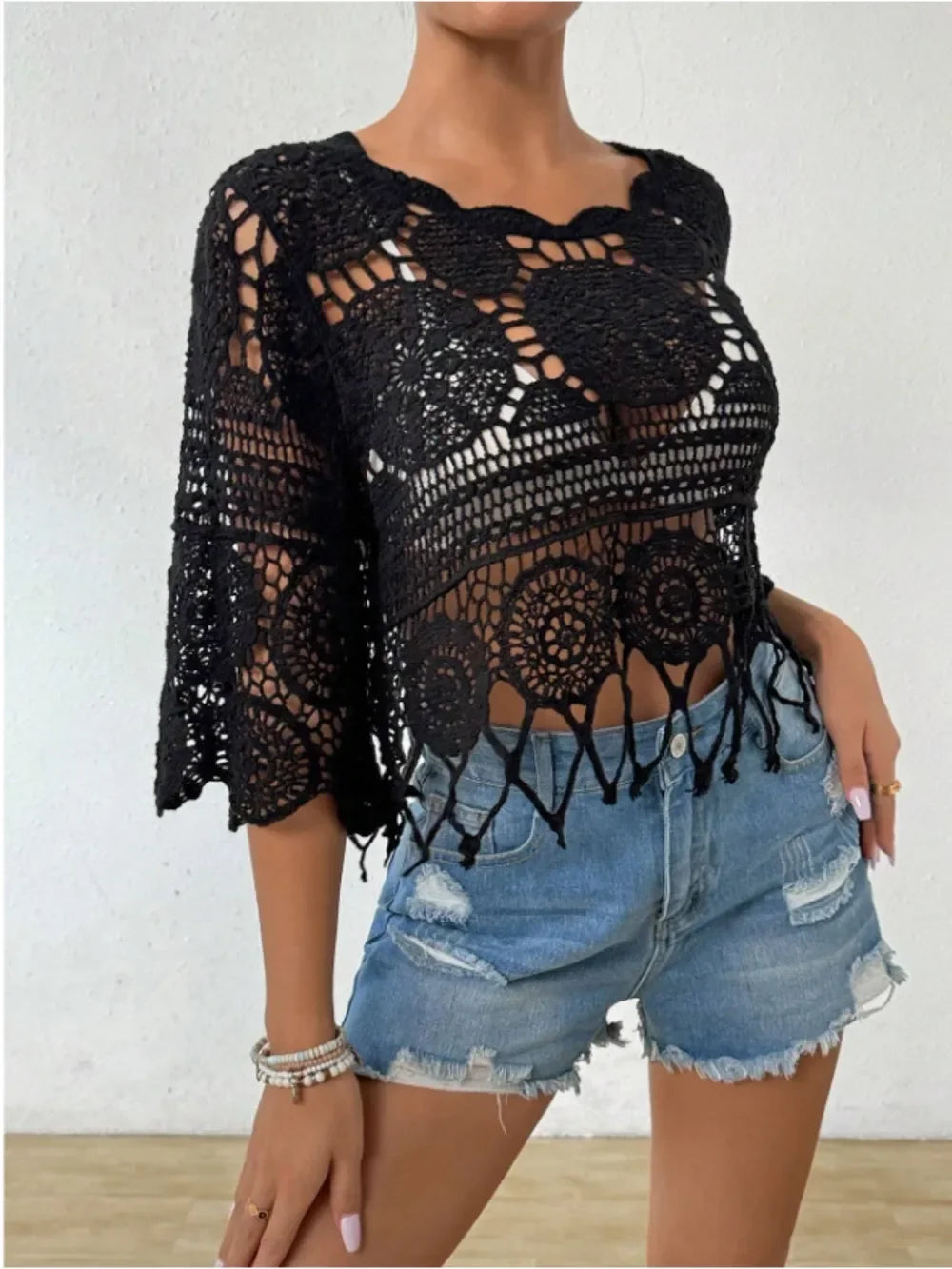 Openwork Sheer Round Neck Cover Up One Size