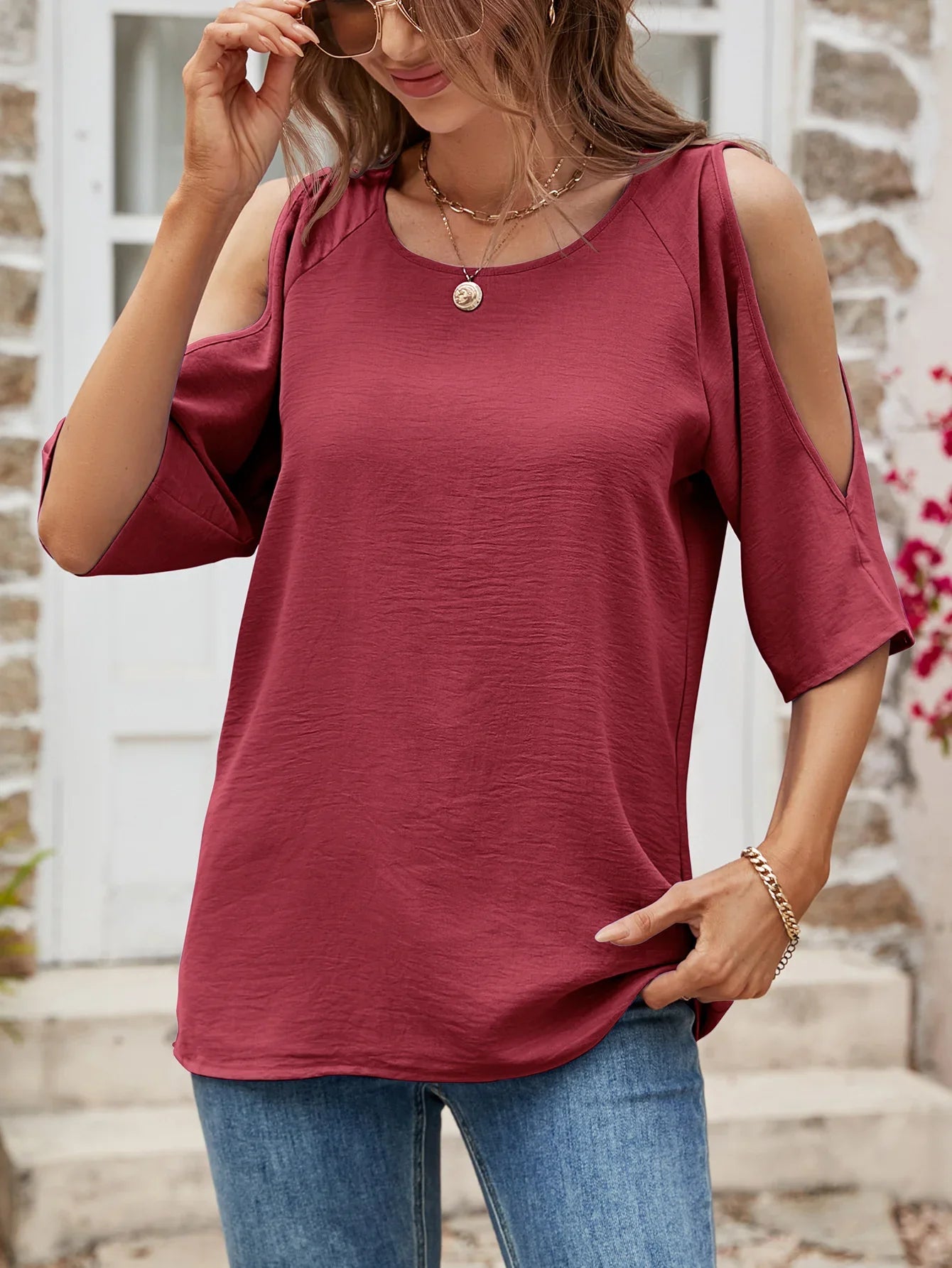 Textured Round Neck Split Sleeve Polyester Top - Southern Shores Clothing