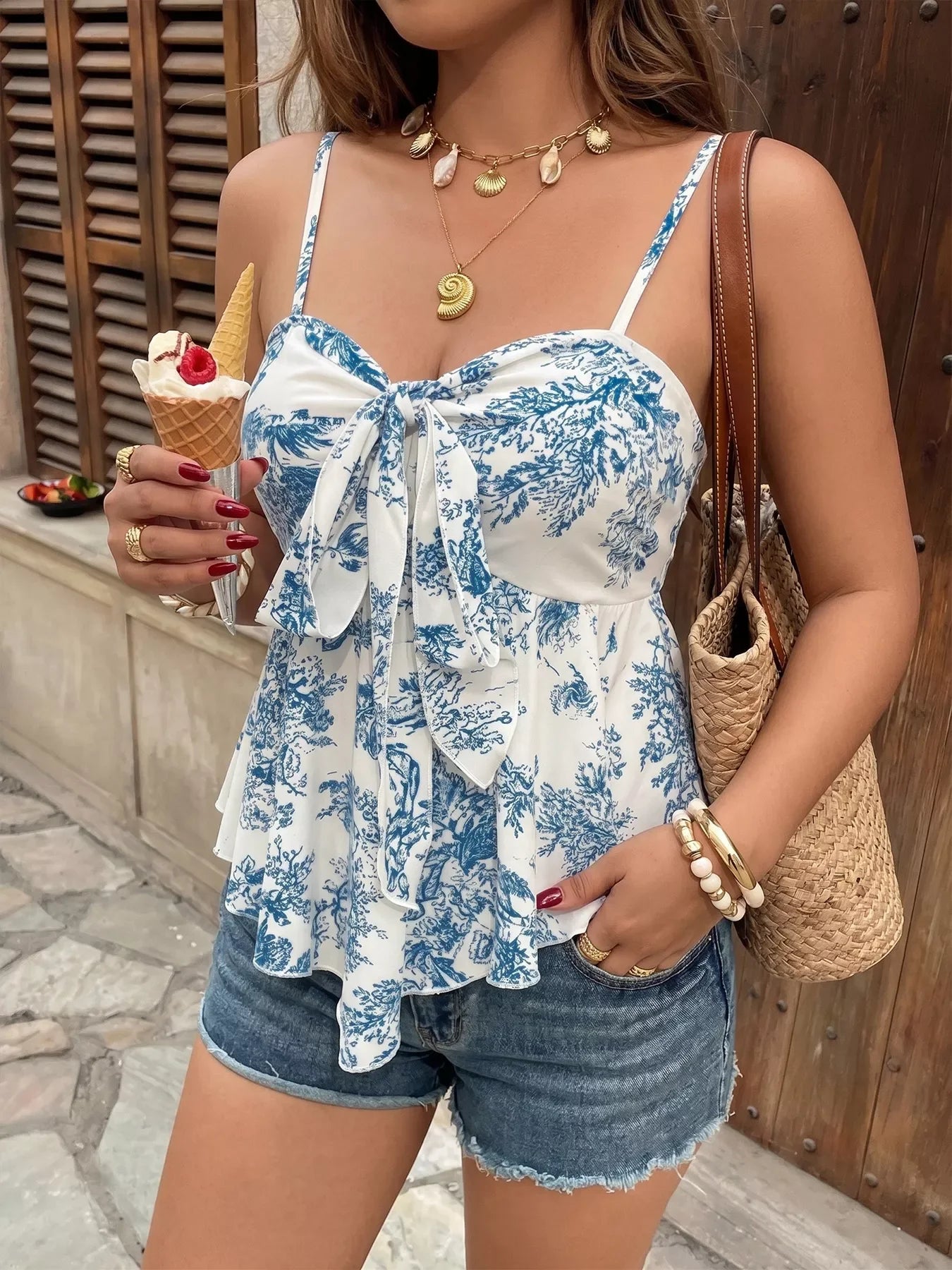 Floral Print Tie Front Cami With Ruffle Hem Silhouette Top - Southern Shores Clothing