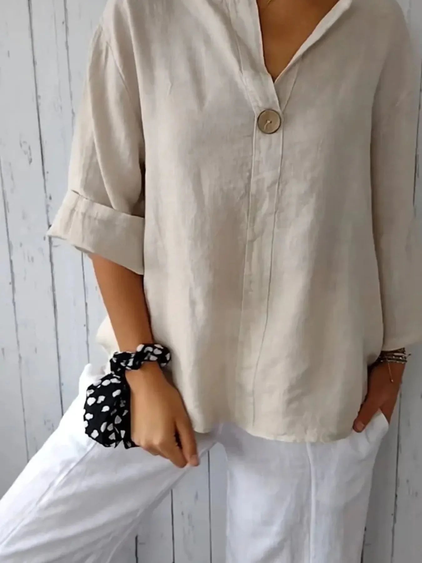 Plus Size Linen Blend Notched Blouse With Button Front - Southern Shores Clothing